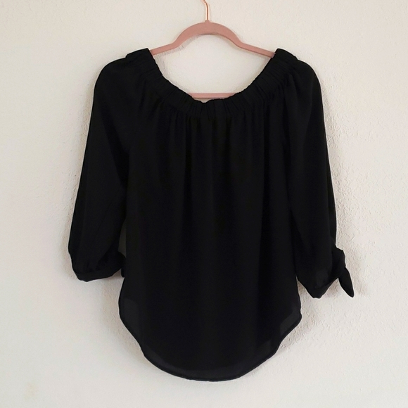 NWOT Express Black Blouse Versatile Neckline w/ Adjustable Bow Ties at Sleeves - Picture 7 of 10